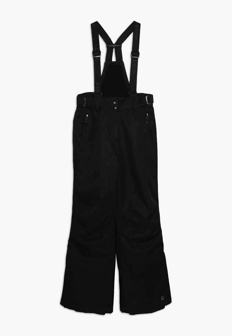 Pantaloni da sci impermeabili neri con bretelle regolabili, cerniere laterali e ginocchia rinforzate per una maggiore durata e comfort. Design a gamba ampia.
