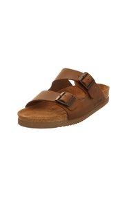 Brown leather sandals with double adjustable straps, cork footbed, rubber sole, and textured insole for comfort and support.
