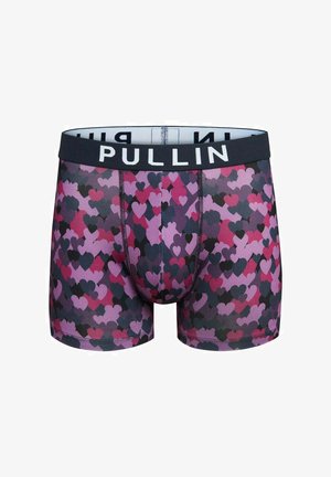Boxers pour hommes avec ceinture noire portant l'inscription "PULLIN", recouverts d'un motif de cœurs rose, violet et noir.