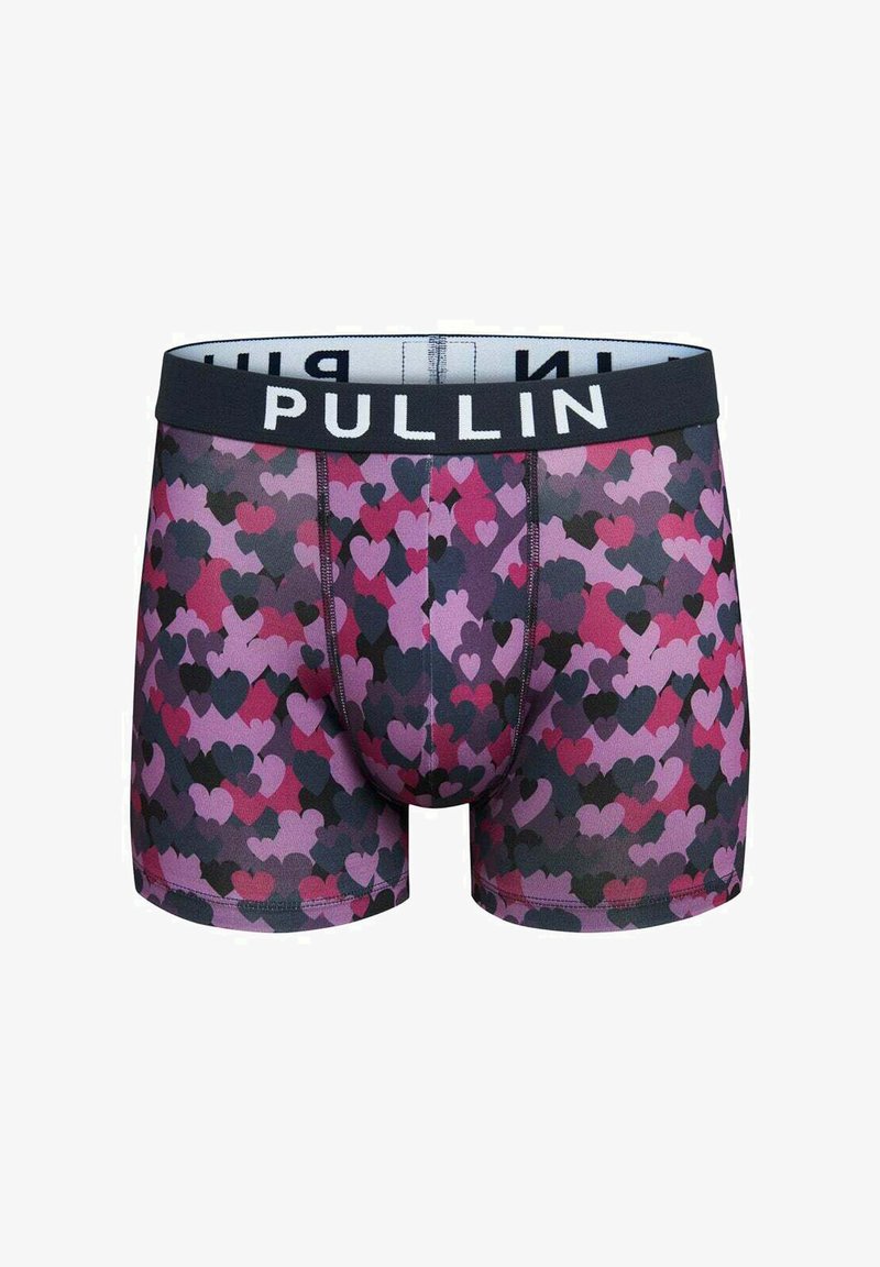 Boxers pour hommes avec ceinture noire portant l'inscription "PULLIN", recouverts d'un motif de cœurs rose, violet et noir.
