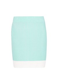 Kötött szoknya világos menta zöld színben, függőleges bordázott mintával, alján egyszínű fehér szegéllyel. Szabása alakra simuló, a térd fölé érő hosszúságú.