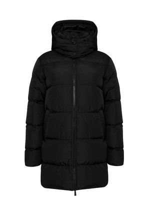 Giacca a vento nera con cappuccio, dotata di una cerniera frontale, design trapuntato e vestibilità casual. Realizzata in un materiale morbido e isolato.