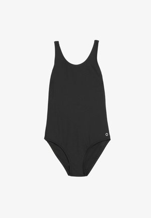 Maillot de bain noir une pièce avec une encolure arrondie, des bretelles larges et un détail circulaire à la hanche. Tissu lisse, design minimaliste.