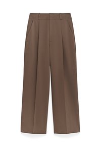 Bruine wijde broek gemaakt van een gladde stof, met zakken aan de voorkant, riemlussen en een nette plooi aan de voorkant.
