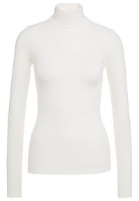 Vit långärmad polotröja i ribbat material, med en figursydd silhuett och hög krage, med minimala sömmar och detaljer.