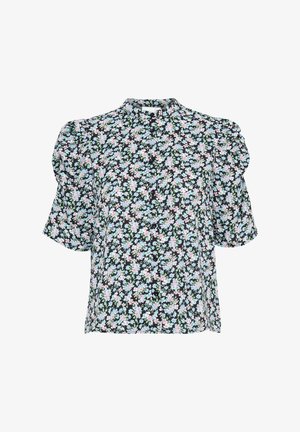 Blouse florale avec un fond noir parsemé de petites fleurs roses et bleues, à manches courtes bouffantes et devant à boutons. Tissu léger.