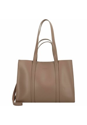 Beuteltasche aus taupefarbenem Leder mit zwei oberen Griffen und abnehmbarem Schulterriemen, mit glatter Oberfläche und minimalistischem Design.