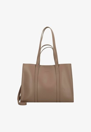 Harmaanruskea nahkainen olkalaukku, jossa on kaksi yläkahvaa ja irrotettava olkahihna, sileällä viimeistelyllä ja minimalistisella muotoilulla.