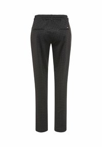 Zwarte broek met een geometrisch patroon, elastische tailleband, slim fit en twee achterzakken. Glad materiaal met een lichte glans.