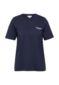T-shirt en coton bleu marine à manches courtes, col rond, avec le texte brodé blanc "FULLNESS of" sur la poitrine gauche.