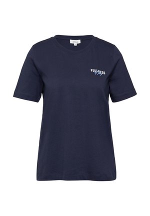 Tumesinine puuvillane T-särk lühikeste varrukatega, ümar kaelus ja valge tikitud tekst "FULLNESS of" vasakul rinnal.