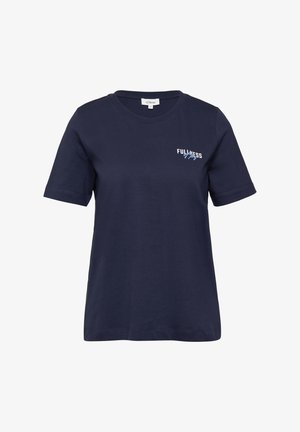 Tumesinine puuvillane T-särk lühikeste varrukatega, ümar kaelus ja valge tikitud tekst "FULLNESS of" vasakul rinnal.