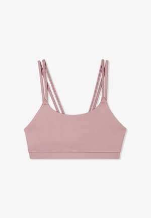 Bralette rosa chiaro con texture liscia, caratterizzata da molteplici spalline sottili e un design aderente. Senza imbottitura né ferretto.