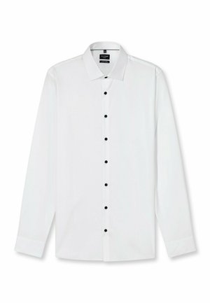Langärmeliges weißes Hemd aus glattem Stoff mit klassischem Kragen, vorne mit schwarzen Knöpfen zu schließen und mit manschettenärmeln.