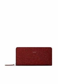 Red fabric wallet with a smooth texture, rectangular shape, zip closure, and embossed logo. No visible hardware.