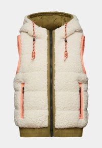 Mouwloos vest met fleece voering, een body in olijfgroen donsdesign, een crème sherpa voorkant en roze accenten op ritsen en zakken.