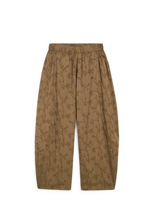 Pantaloni marrone chiaro a vestibilità ampia con vita elasticizzata e motivo sottile di foglie di vite su tutto il tessuto.
