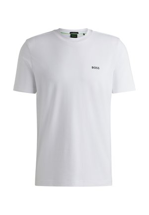 White short-sleeve T-shirt made of cotton with a round neckline. Features a small black "BOSS" logo on the chest. Smooth texture.