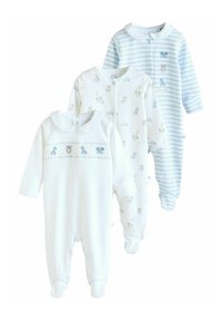 Drei Baby-Strampler: einer weiß mit blauen Akzenten und Tiermustern, einer weiß mit hellblauen Punkten und bestickten Tieren, einer hellblau gestreift.