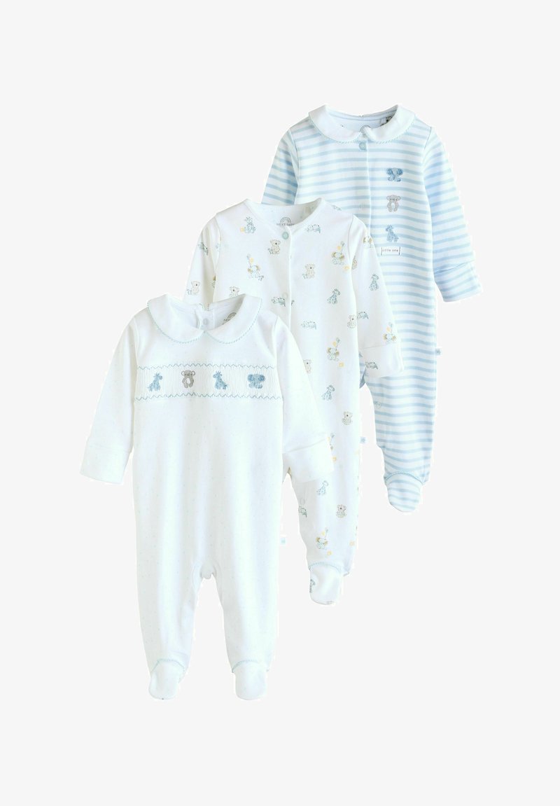 Three baby sleepsuits with long sleeves and feet; one white with embroidered animals, one white with animal prints, one blue and white striped.