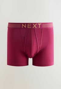 Bordeauxfarbene Boxershorts mit einem goldenen "NEXT"-Logo-Bund und horizontalen Streifen. Hergestellt aus glattem Stoff mit einer enganliegenden Passform.