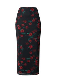 Zwarte kokerrok versierd met een bloemenpatroon van rode rozen en groene bladeren, met een getailleerd ontwerp en een gladde stoftextuur.