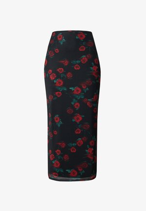 Zwarte kokerrok versierd met een bloemenpatroon van rode rozen en groene bladeren, met een getailleerd ontwerp en een gladde stoftextuur.