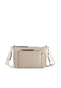 Geantă crossbody din material bej cu un model geometric, două compartimente cu fermoar, accesorii din metal argintiu și o curea albă ajustabilă.