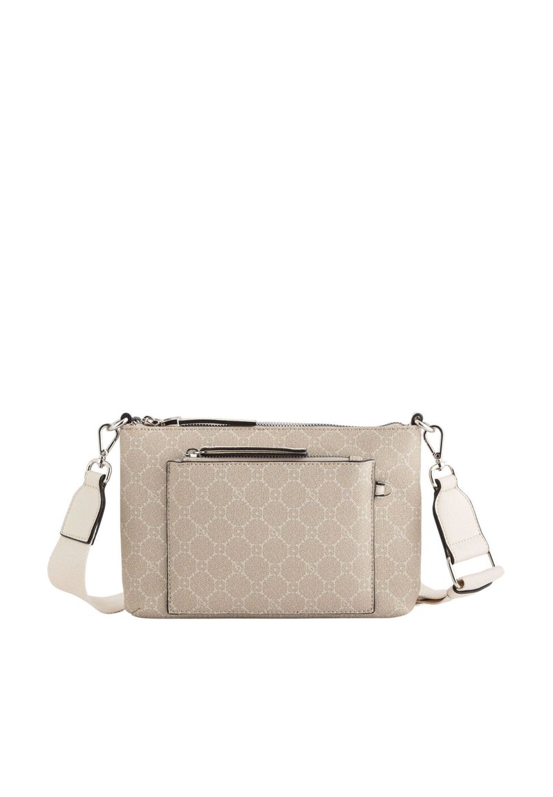Geantă crossbody din material bej cu un model geometric, două compartimente cu fermoar, accesorii din metal argintiu și o curea albă ajustabilă.