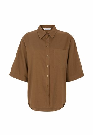 Ruda trumparankovė marškinėliai iš lengvos medžiagos, su apykakle, sagų užsegimu ir krūtinės kišenėle.