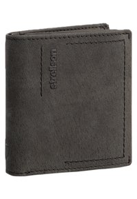 Billetero bi-fold de cuero cosido gris oscuro con el nombre de la marca "strelson" en relieve vertical en la parte frontal.