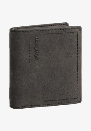 Dunkelgraue genähte Leder-Bi-Fold-Geldbörse mit vertikal geprägtem Markennamen "strelson" auf der Vorderseite.