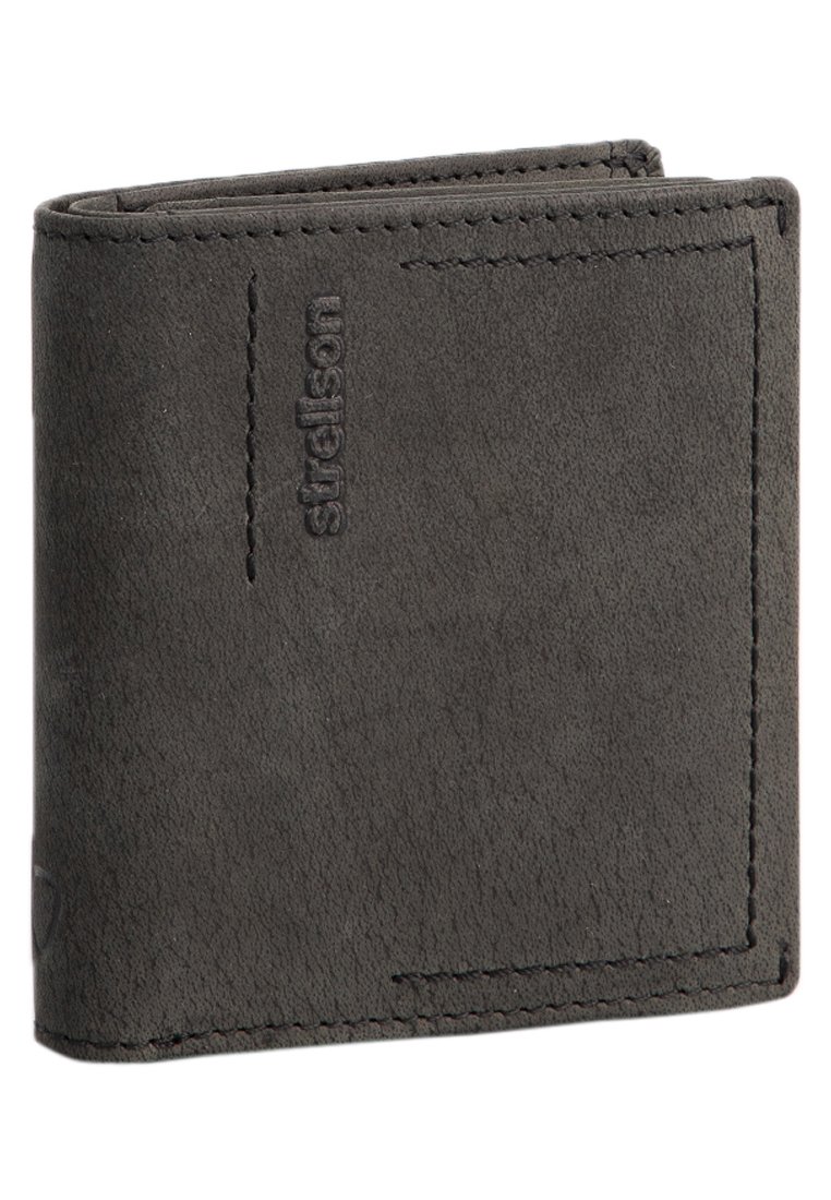 Billetero bi-fold de cuero cosido gris oscuro con el nombre de la marca "strelson" en relieve vertical en la parte frontal.
