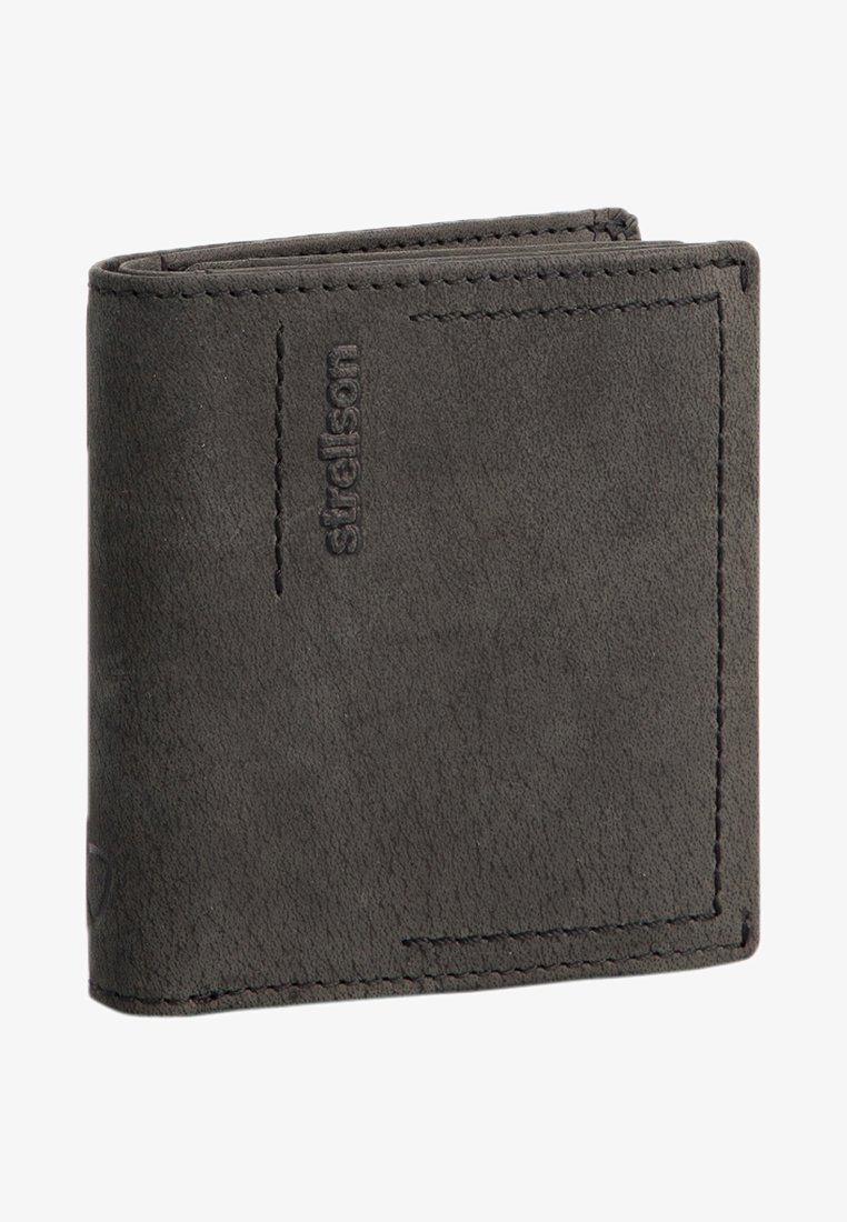 Billetero bi-fold de cuero cosido gris oscuro con el nombre de la marca "strelson" en relieve vertical en la parte frontal.