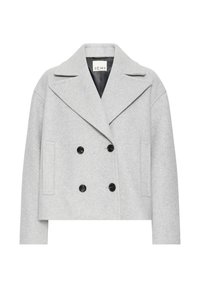 Manteau court croisé en laine gris clair avec de larges revers et des boutons noirs, doté de deux poches verticales à l'avant.