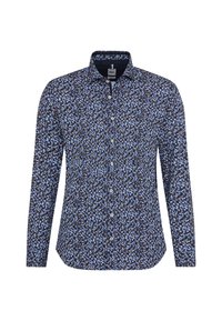 Camicia a maniche lunghe con bottoni, caratterizzata da un motivo astratto blu, nero e bianco, con colletto classico.