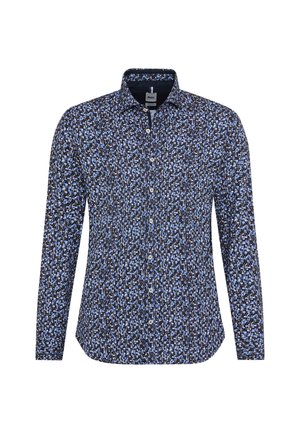 Langärmliges Button-Down-Hemd mit abstraktem Muster in Blau, Schwarz und Weiß sowie einem klassischen Kragen.