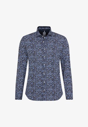 Lange mouw button-up shirt met een abstract patroon in blauw, zwart en wit en een klassieke kraag.