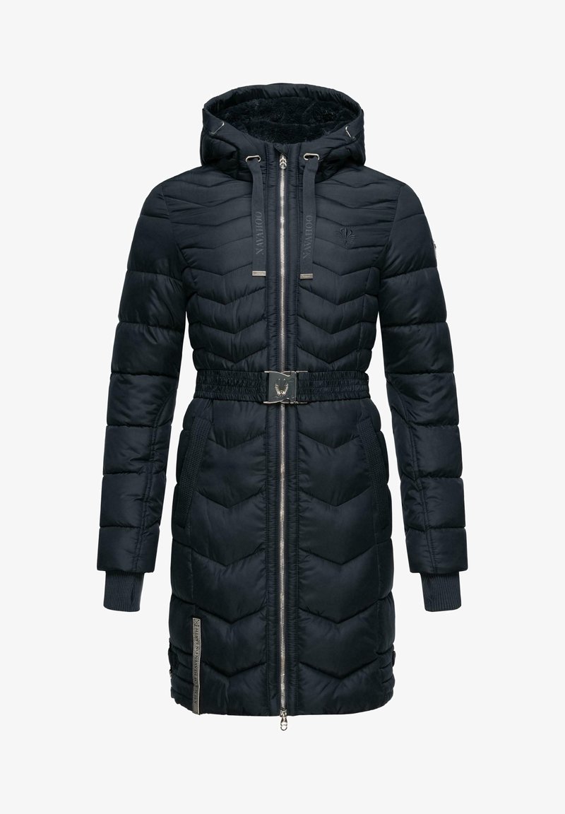 Polstret svart jakke med et chevronmønster, avtakbar hette, frontglidelås, elastisk livbelte og sidelommer. Synlige sølvfargede detaljer.