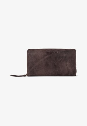 Brown leather wallet with a smooth texture, zip closure, and a small tassel accent. Features embossed brand name on the front.