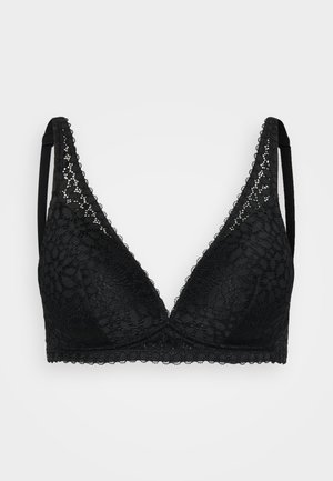 Bralette in pizzo nero con forma triangolare, motivo floreale e bordi smerlati. Presenta spalline regolabili e una texture morbida.