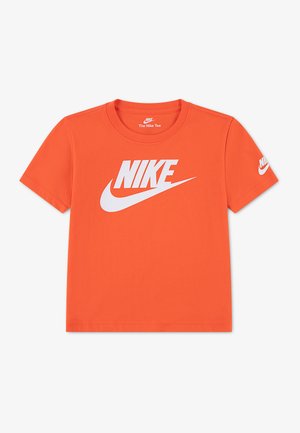 Orange short-sleeve Nike T-shirt with white Nike logo and swoosh on the front and smaller logo on the left sleeve.