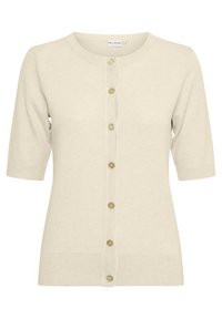 Kortærmet beige cardigan lavet af blødt materiale, med en knaplukning fortil med lysegrønne knapper samt ribbede ærmer og kant.