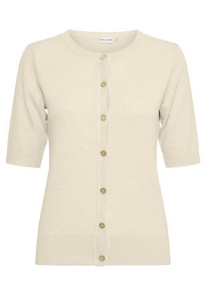 Lühikeste varrukatega beež kardigan, mis on valmistatud pehmest materjalist, esiküljel nööbid helesinise värviga ja ribakujulised mansetid ja ääred.