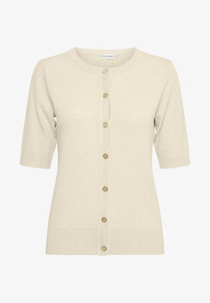 Cardigan beige a maniche corte realizzato in morbido materiale, con chiusura a bottoni sul davanti dotato di bottoni verde chiaro e con polsini e orlo a costine.