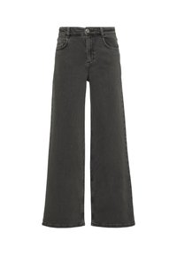 Szerokie czarne dżinsy z wysokim stanem, posiadające pięć kieszeni, szlufki na pasek oraz zapięcie na guzik. Gładka tekstura i staranne szwy.