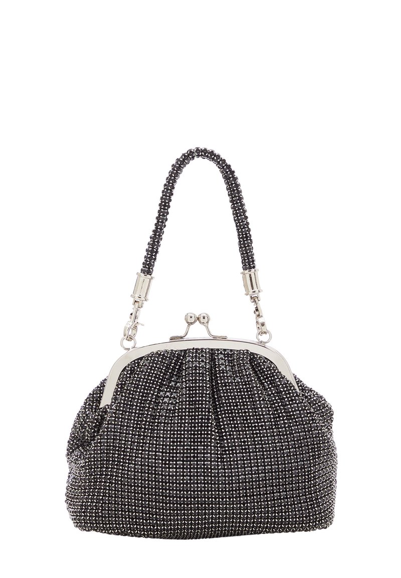 Borsa a mano nera con perline, dal corpo arricciato, hardware in argento e manico di perline. Presenta una chiusura a scatto classica nella parte superiore.
