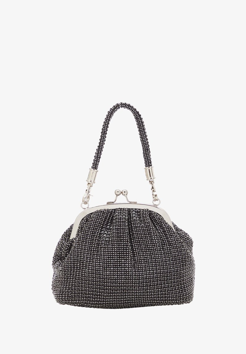 Sorte perle-håndtaske med en sammensat krop, sølv hardware og et perle håndtag. Har en klassisk låsæbning øverst.