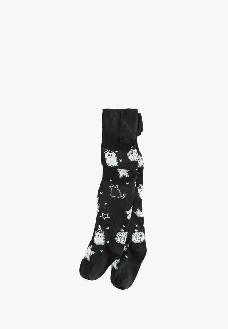 Schwarze Strumpfhosen mit weißen Halloween-Motiven, darunter Geister, Kürbisse, Katzen und Sterne.