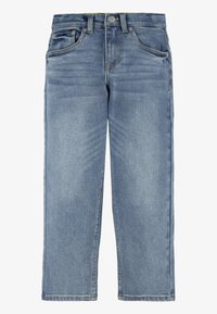 Ljust blå denimjeans med rak benklipp, knapp- och dragkedjestängning, fram- och bakfickor, samt gula sömnadsdetaljer.